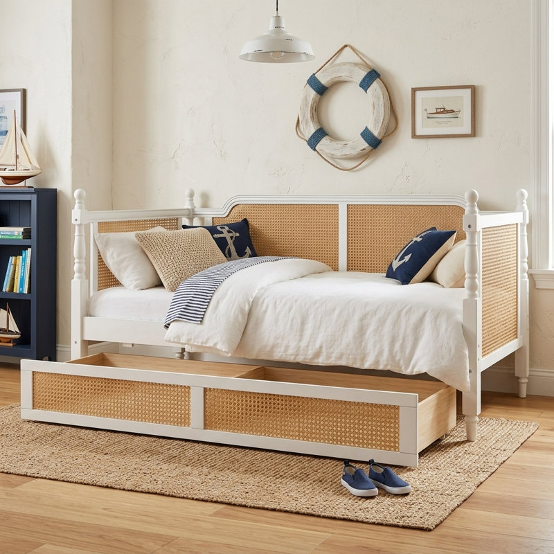 Traditional Style Twin Size Rattan Daybed with 2 Storage Drawers for Limited Space, Guest Room, No Box Spring Needed,