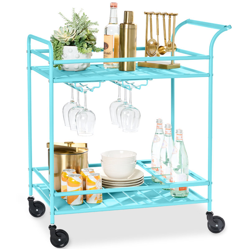 2-Tier Rolling Bar Cart Indoor/Outdoor W/ Storage Shelves, Wine Rack, Lockable Wheels, Teal