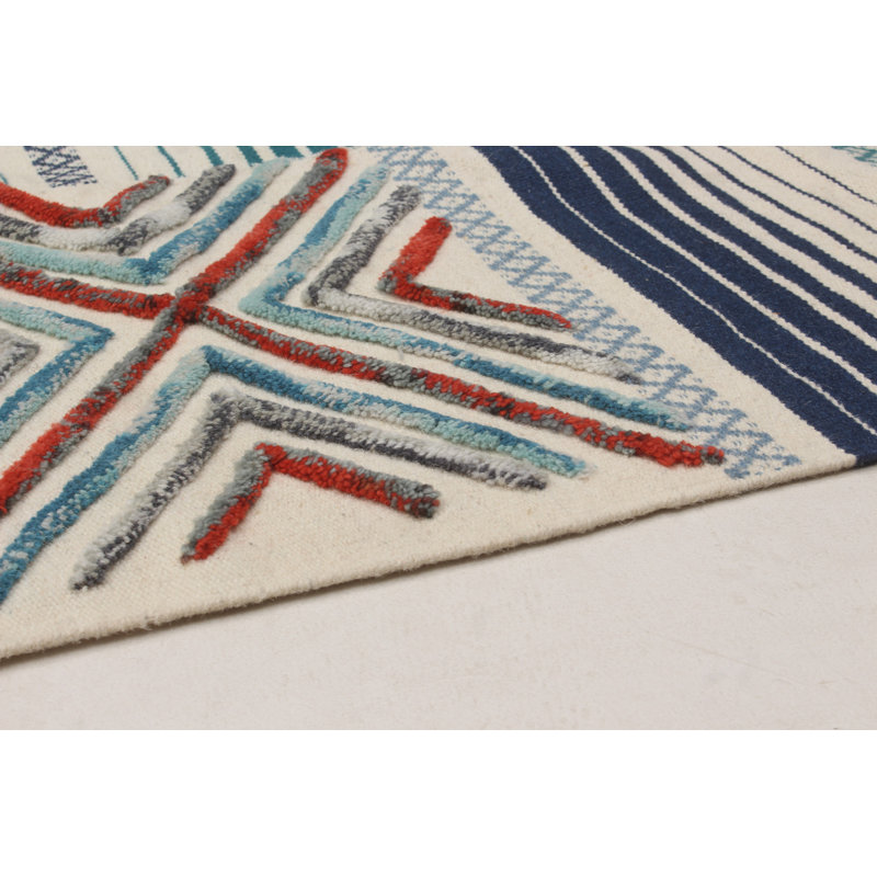 Tapis décoratif en laine tissé à la main de couleur crème/bleu sarcelle Winkel, Rectangulaire l 8 pi x L 10 pi