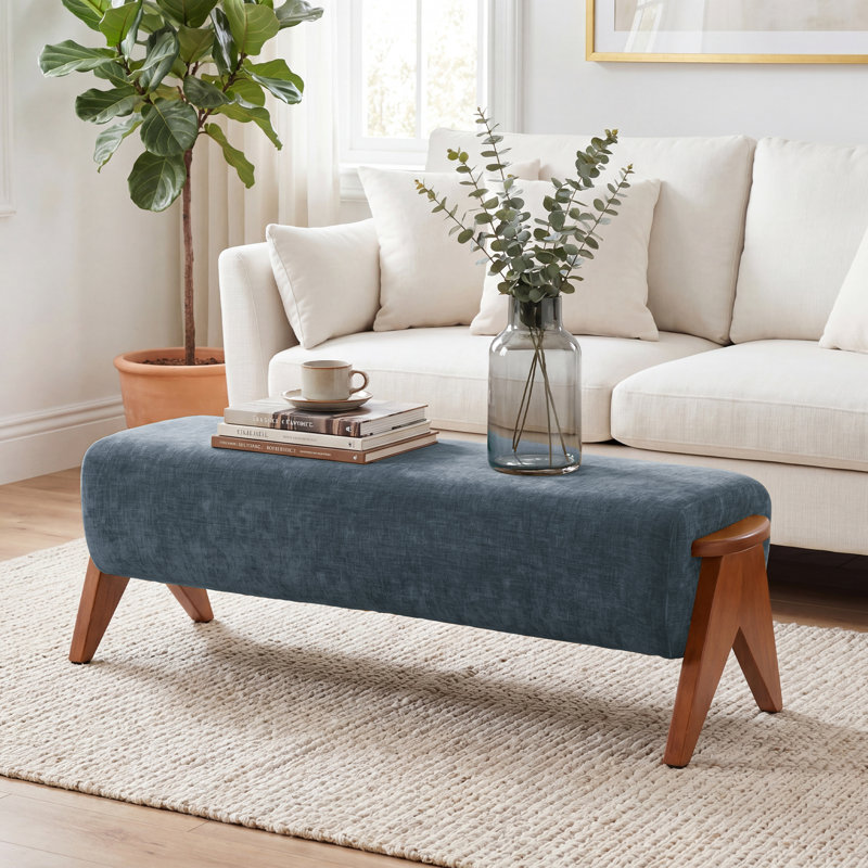 Chenille Upholstered Bench, Blue
