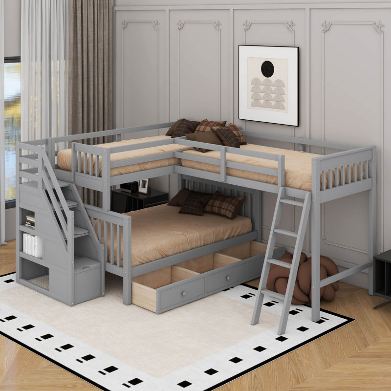 Lit superposé simple au-dessus d'un lit double en L avec tiroirs, Gris