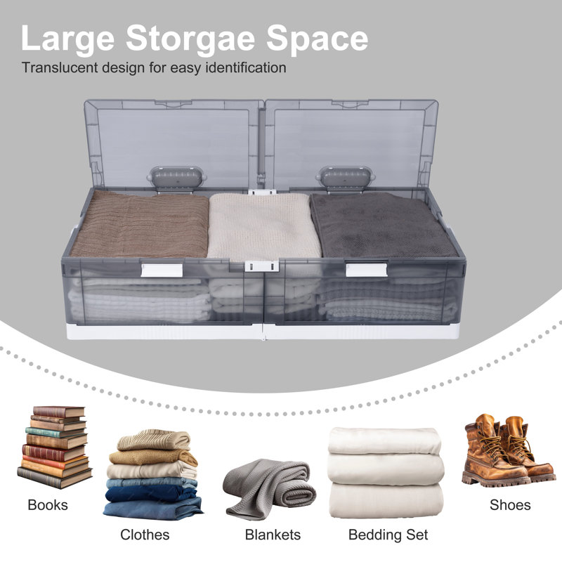 Nikolin Stackable Plastic Underbed Storage Box with Double-Open Lid and Wheels, 9.45" H x 39.4" W x 19.7" D, 2