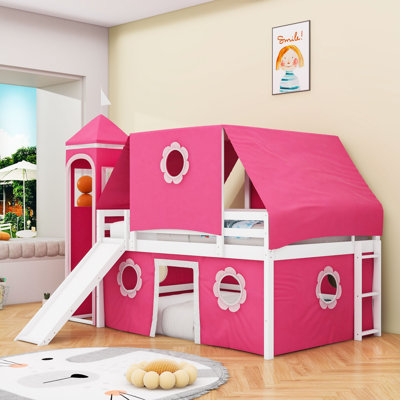 Lit mezzanine en bois avec toboggan, tente et tour