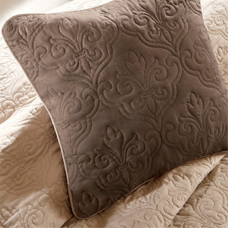 Courtepointe 7 pièces beige / double, motif médaillon avec taies décoratives européennes et coussins, ignifuge lavable en machine double / grand,