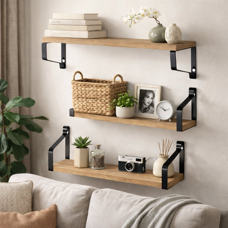 Harbour Housewares - Rustic Wooden Floating Shelves - 3 Piece Set