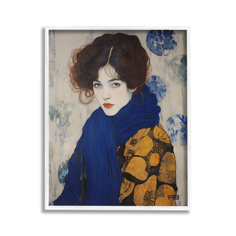 ChicWomanBlueScarfGicleeArtbyRB, Giclée encadrée blanc bord de mer, H 30 po x l 24 po