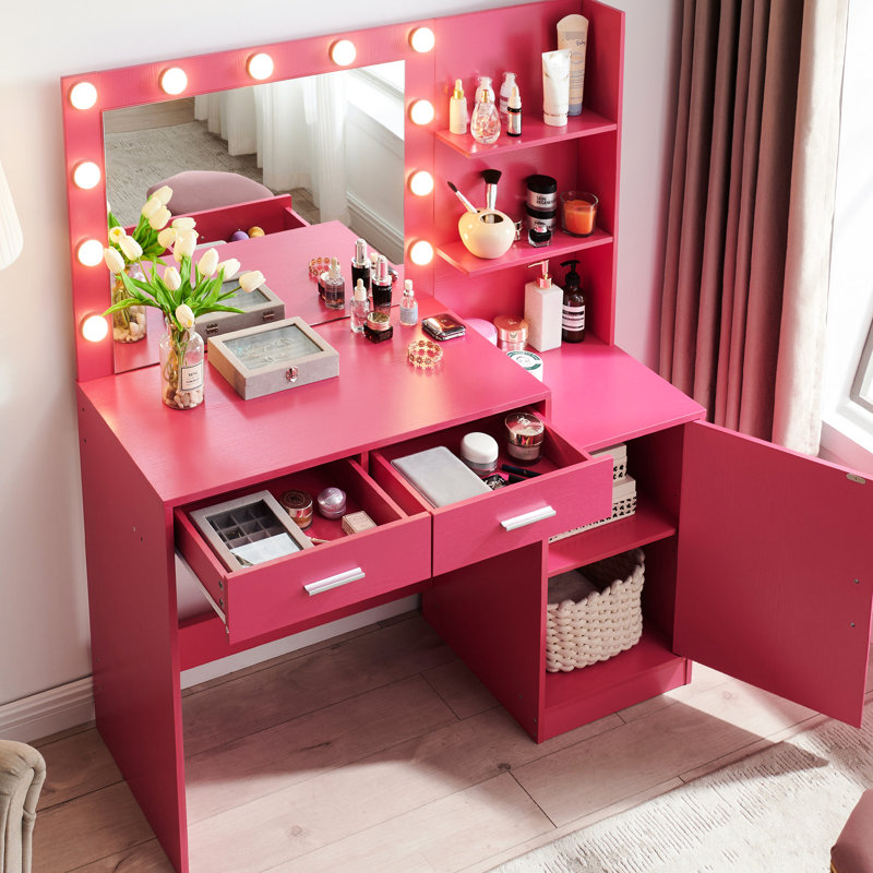 46.4In Vanity Desk With Mirror And Lights, Rose Pink Dressing Table 2 Large Drawers & Magnificent Vertical Organizer, 3 Level Dresser, Lighting Modes Adjustable Brightness For Bedroom Captivating
