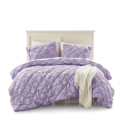 King Bedding Sets, Purple Microfiber Comforter With Floral Puffy Design For All Seasons