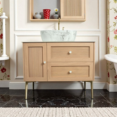36 Inch Bathroom Vanity With Ceramic Basin Sintered Stone Top 1 Door And 2 Drawers