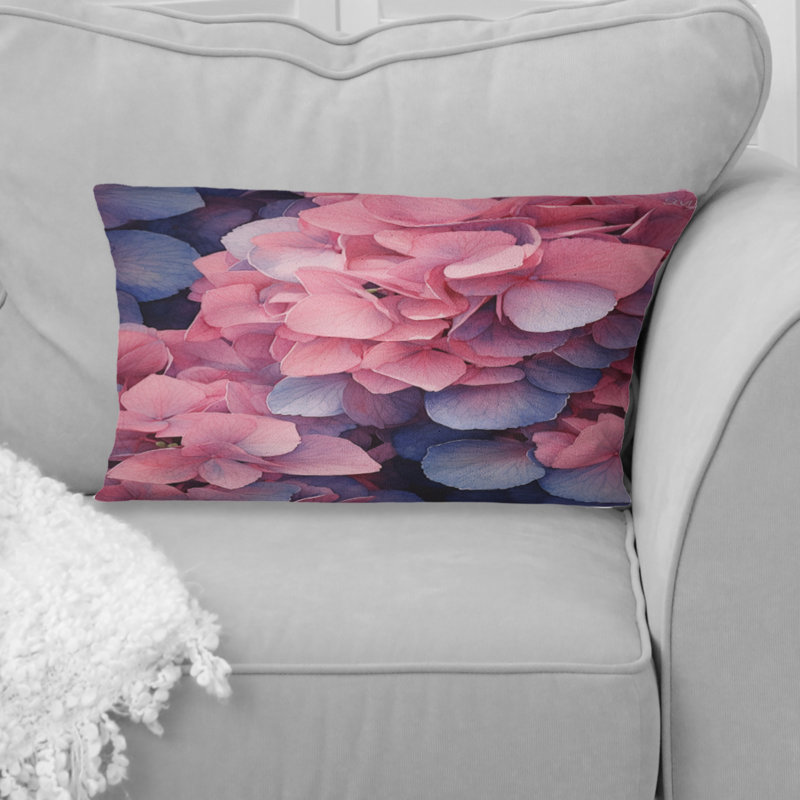 Coussin décoratif à imprimé floral rose et bleu Hortensia II
