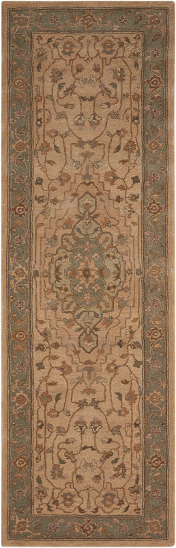 Tapis vert / beige en laine touffeté à la main à motif géométrique Lundeen, Tapis de couloir 2 pi 6 po x 8 pi