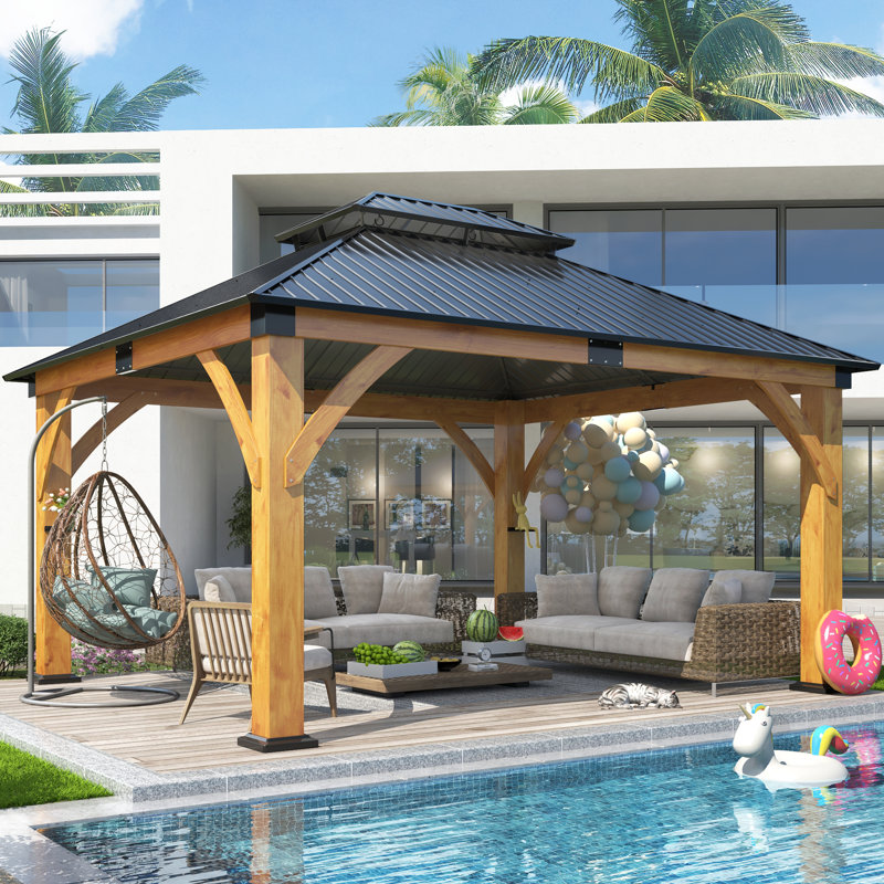 Outdoor Spruce Wood Hardtop Gazebo, Heavy-Duty Galvanized Steel Gazebo for Patio, Deck, Backyard, Lawn, and Garden