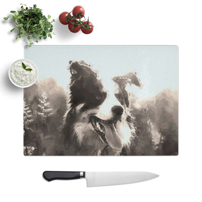 Tempered Glass Border Collie Dog in a Meadow Chopping Board