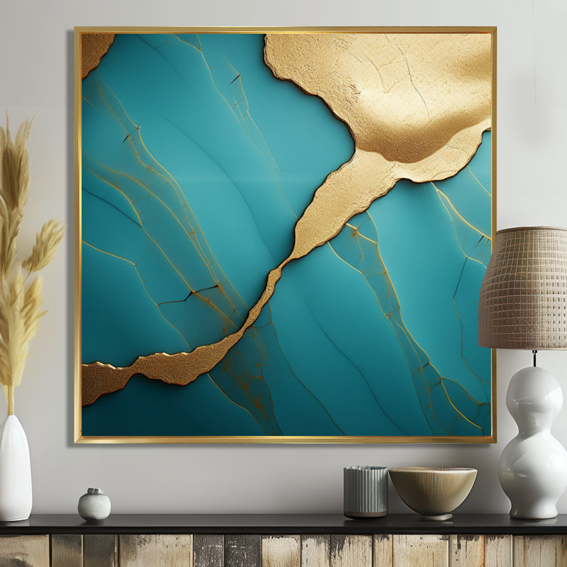 Touche d'art sur agate turquoise - marbre, Toile avec cadre flottant or, H 36 po x l 36 po x P 1,5 po