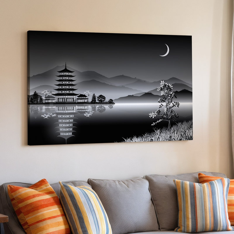 "Toile", un paysage monochrome serein mettant en vedette une pagode asiatique traditionnelle située par un lac tranquille reflétant sa toile, art mural