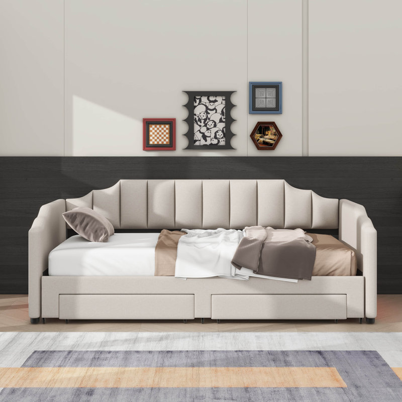 Twin XL Size Daybed With Built-In Storage & Pull-Out Trundle, Upholstered Expandable Daybed Equipped With LED Lighting, Beige