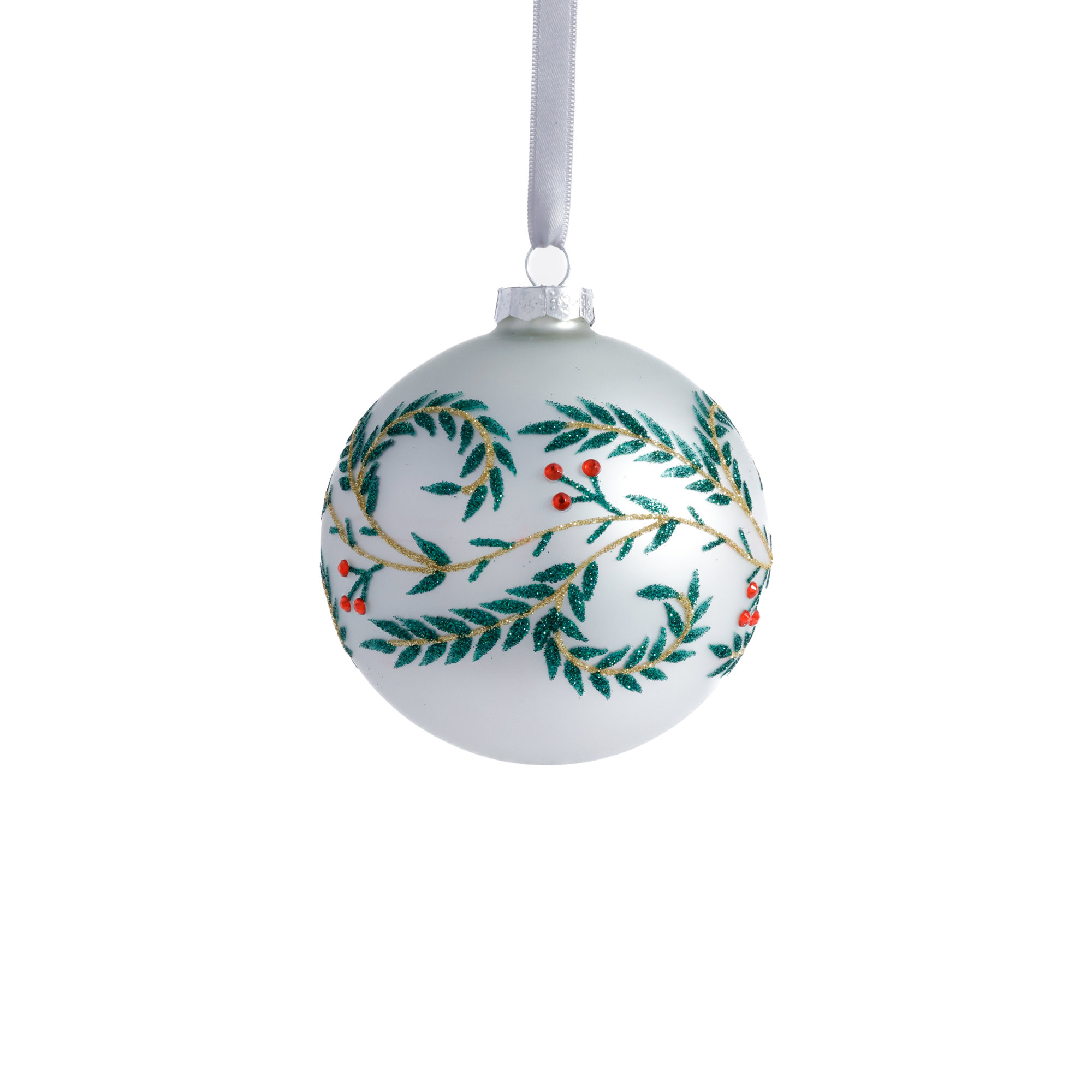 White Metallic Glass Ball Holiday Ornaments with Green Leaf Design, Set of 6, 4" H x 4" W x 4" D