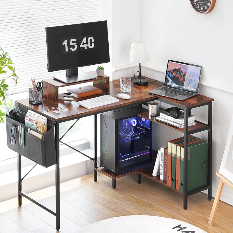 Moutanabi L-Shaped Metal Base Computer Desk with Power Outlet