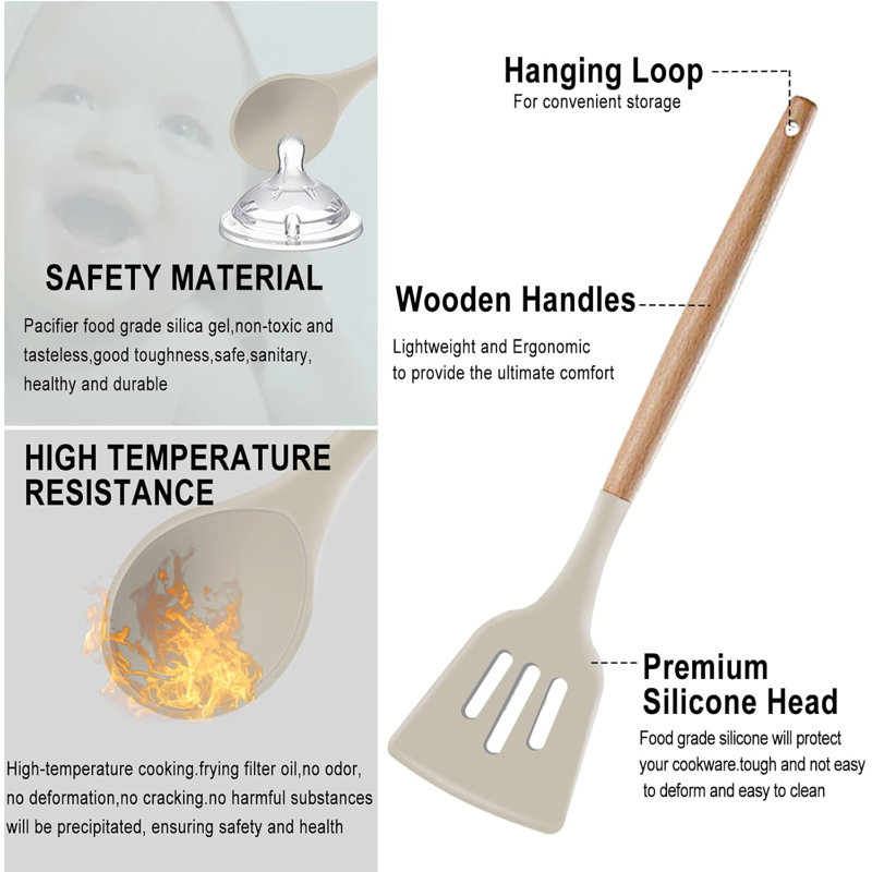 19-Piece Khaki Silicone and Wood Cooking Utensil Set