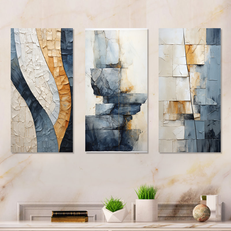Blue Spiritual Stone Minimalisme, ensemble de 3 décorations murales en géode de pierre, H 28 po x l 36 po, Toile tendue