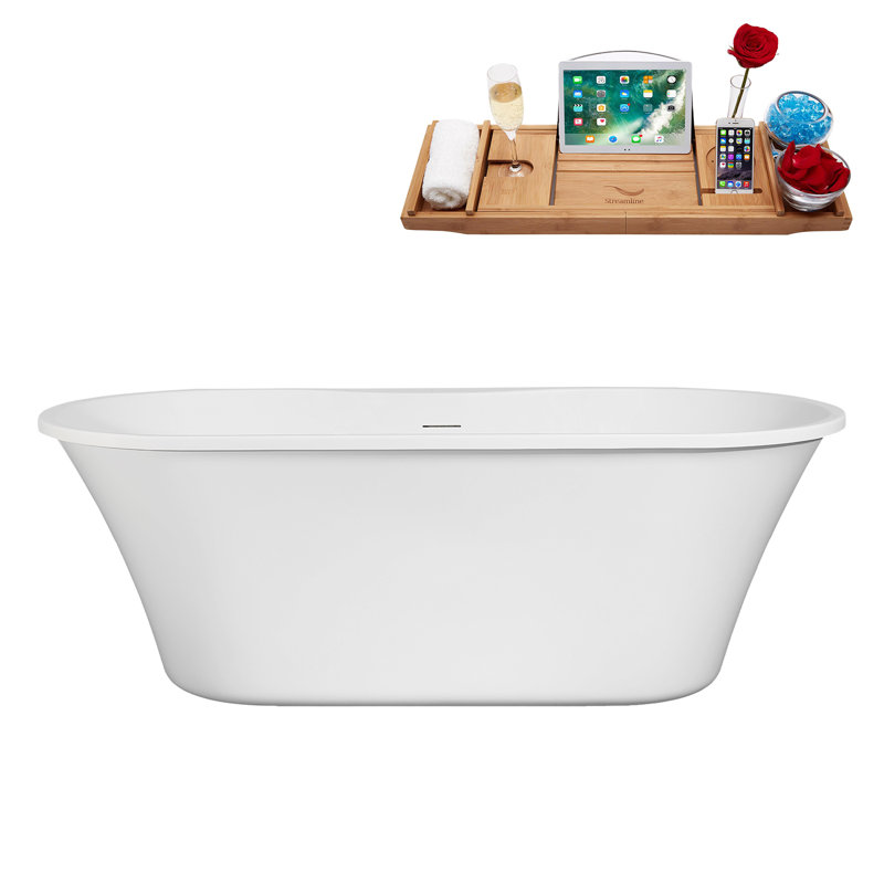 66" Streamline Soaking Freestanding Tub and Tray With Internal Drain, Brushed Brass