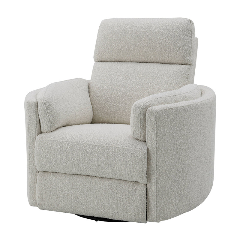 Beige Boucle Swivel Recliner with Wood Frame