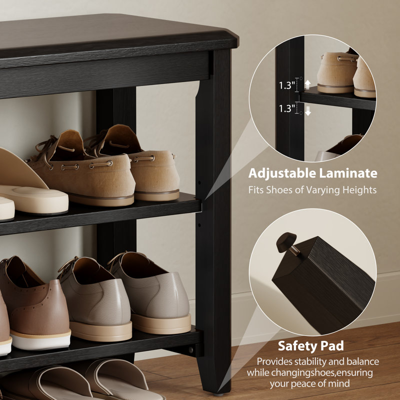Aevah Sleek 2-Tier Solid Wooden Storage Shoe Benches, 23.62″ W, Black