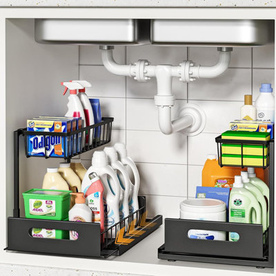 Ensemble de 2 sous-éviers noirs, rangement en L coulissant pour cuisine, salle de bain et garde-manger