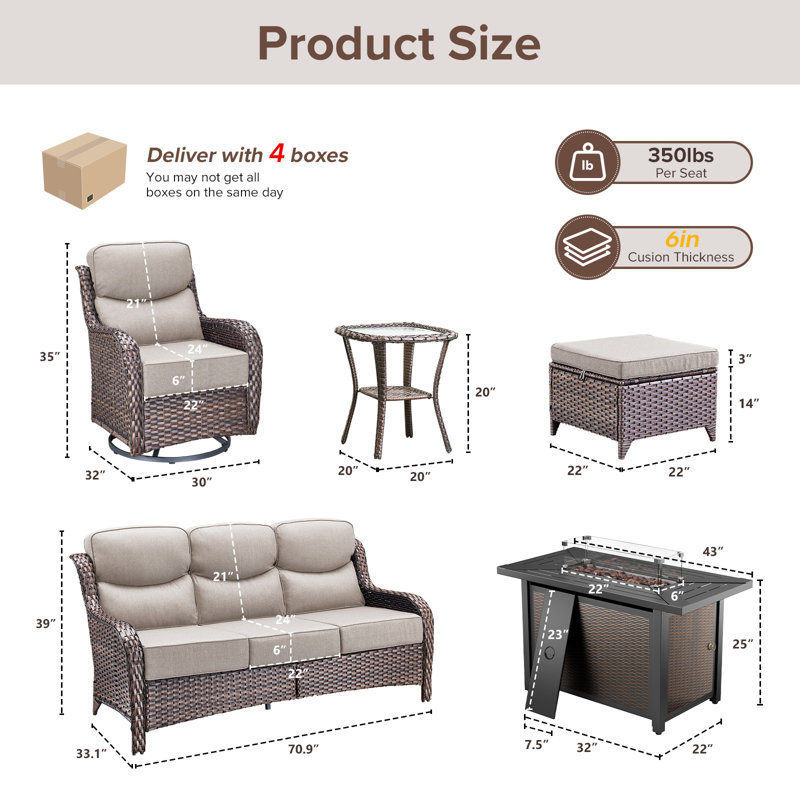 7 - Person Luxury Wicker Patio Furniture Set With Fire Pit Table & 6-Inch Extra-Thick Cushion Swivel Chairs, Side Table