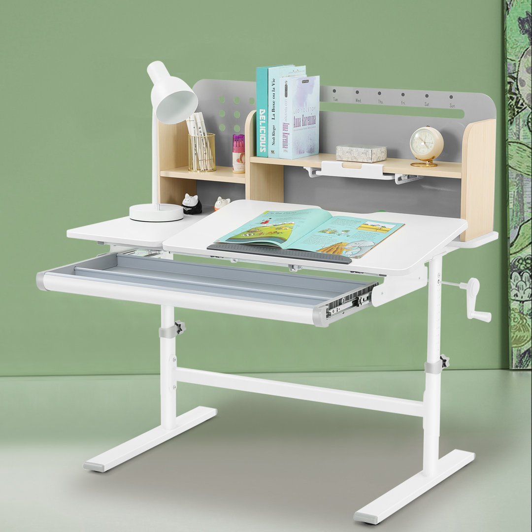 Inbox Zero 39" Wide Height Adjustable Kid Writing Desk With Drawers, Children Study Desk Table With Book Shelf Inbox Zero 
