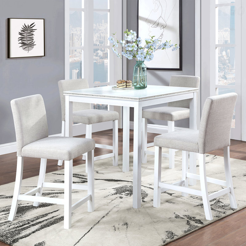 5-Piece Counter Height Dining Set: Wooden Square Table & 4 Upholstered Chairs, Crystal Decoration, Light Gray, White
