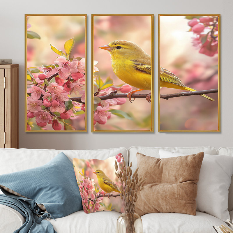 Songbird In Melody Spring Tree IV - Art mural oiseau pour le salon - ensemble de 3, H 28 po x l 36 po, Doré