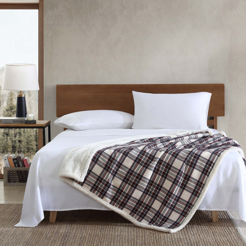 Brown Plaid Cotton Sherpa Reversible Throw Blanket