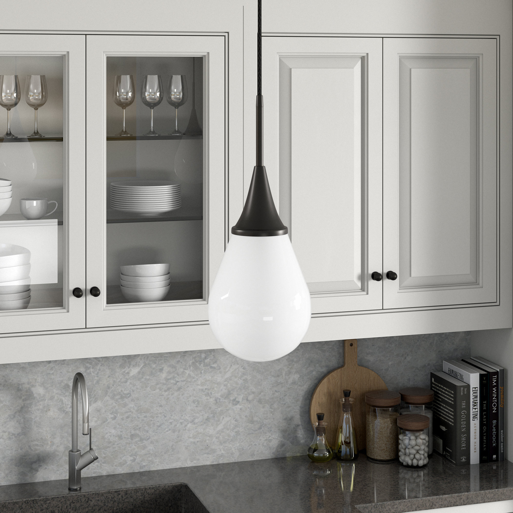Hoye Single Light Glass Dimmable Pendant, 13.88"H x 8.63"W x 8.63"D, Blackened Bronze, White