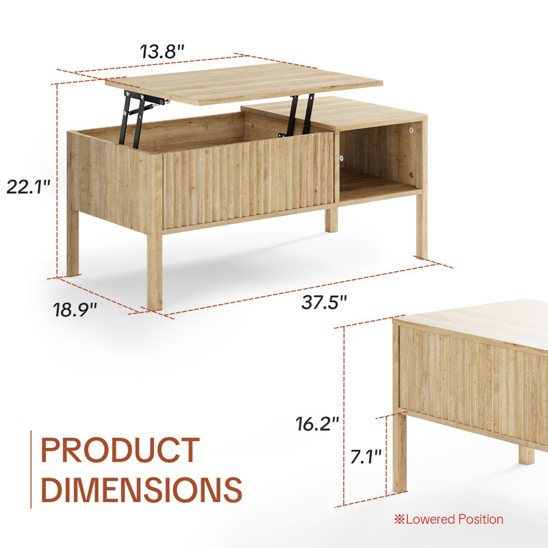 37.5"W Lift Top Coffee Table with Storage Hydraulic Lift Large Capacity, Natural