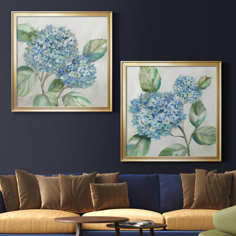 «Hydrangea Beauty I», ensemble de 2 reproductions d'art encadrées, H 17,5 po x l 35 po, Toile avec cadre noir, Doré