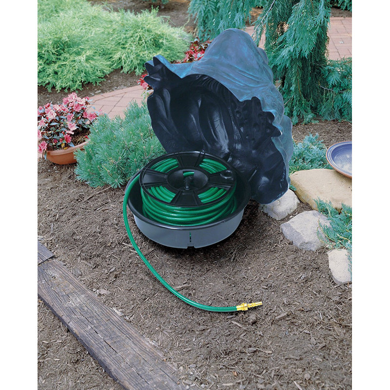 Patina Green Resin Frog Garden Hose Hider with Reel