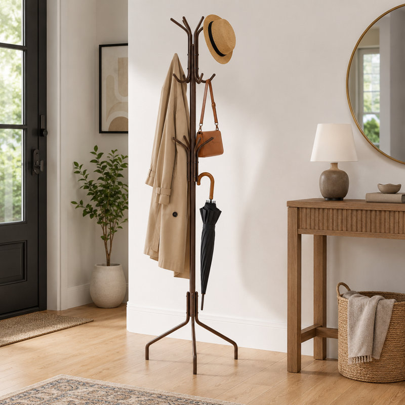 Self-Supporting Garment Hanger, Standing Coat Organizer, Brown Metal Hat Storage Rack, Brown
