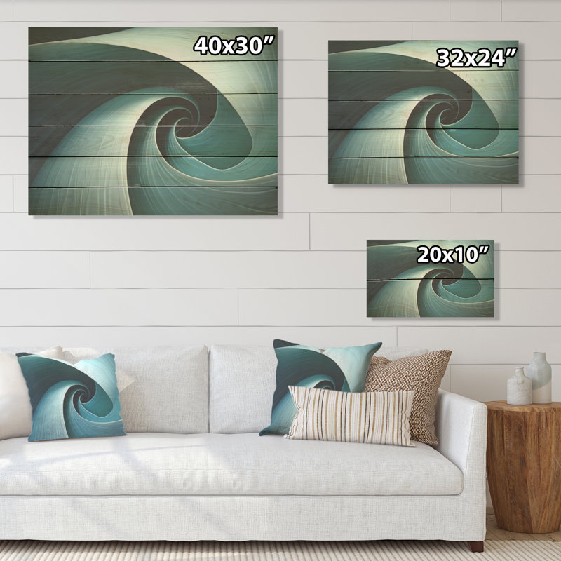 Turquoise Twirl Shell Fish Spiral I - Nautilus Wood Art On Natural Pine Wood, 10" H x 20" W