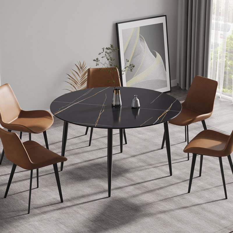 Table de salle à manger ronde 53,15 "en pierre artificielle noire avec pieds en métal noir