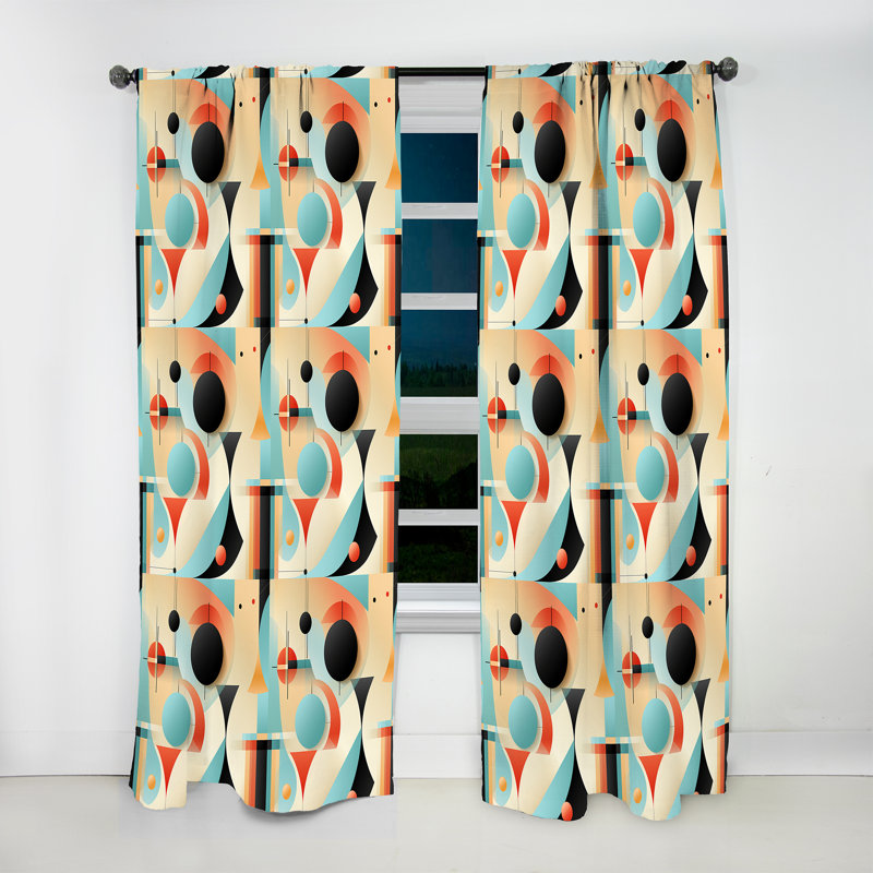 Rideau obscurcissant Mid-Century géométrique bleu et beige III - 1 panneau, L 52 po x L 90 po