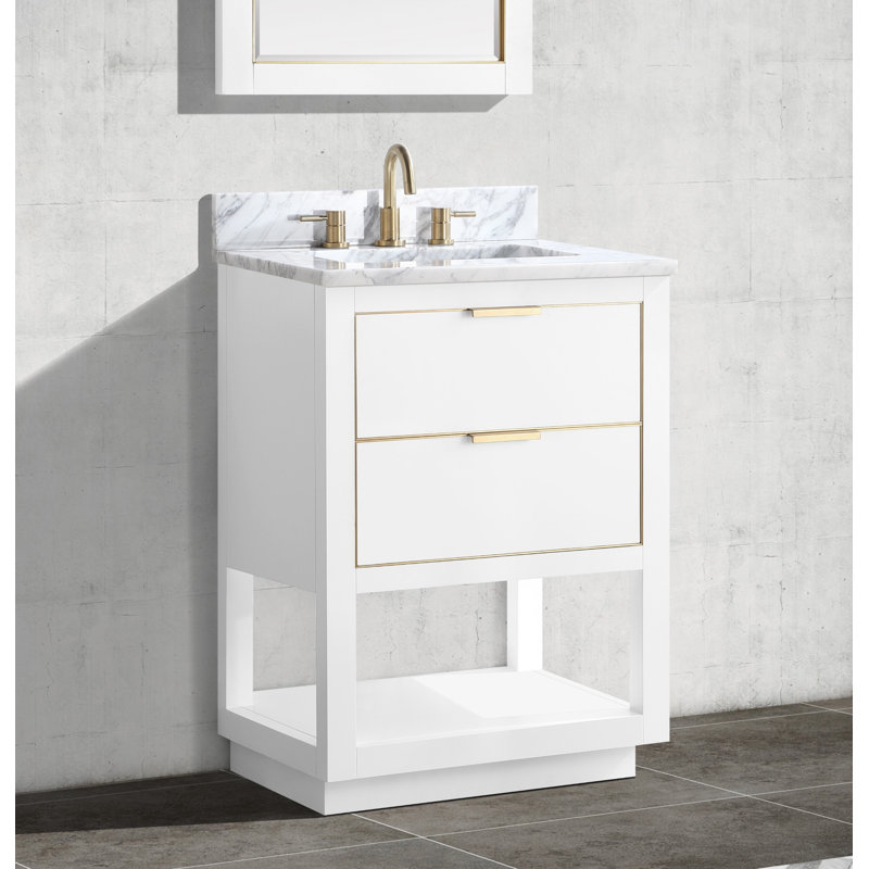Allie 25" Single Bathroom Vanity Set, Carrara White Marble/Gold, White