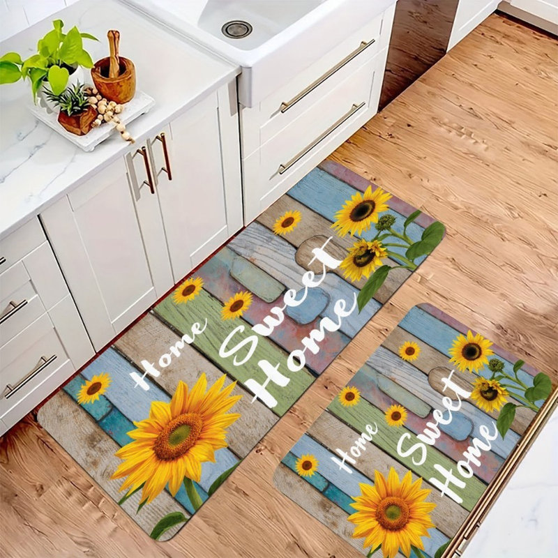 Colorful Wood Sunflowers, Kitchen Mats Set Of 2, Yellow Wood & Shiplap