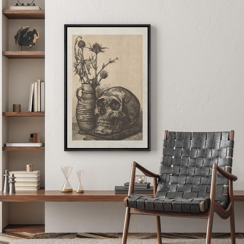 Crâne rétro et chardon plante Moody foncé, œuvres d'art moderne, décor, Cadre flottant noir, H 24 po x l 16 po
