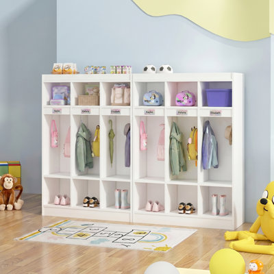 Casier de vestiaire de classe à 3 sections avec 6 casiers et miroir en acrylique, casiers de garderie avec 6 crochets, casiers de jardin d'enfants pour la maison, l'école et la chambre de bébé