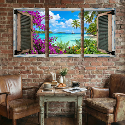 Landscape & Nature Tropical Beach View Through Window Shutter