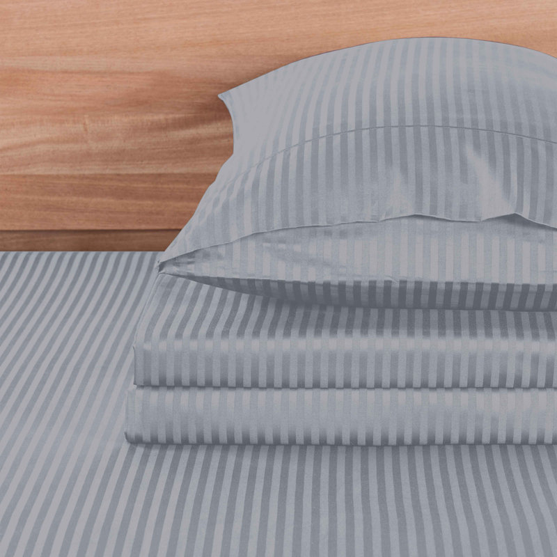 Bibb Home 1000 Thread Count Stripe Sheet Set - 100% Egyptian Cotton, Silver, Queen