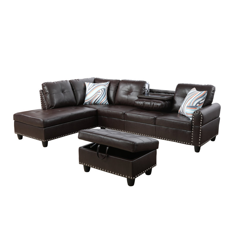 Scherer Faux Leather L-Shaped Sectional Left Hand Facing, Brown Faux Leather