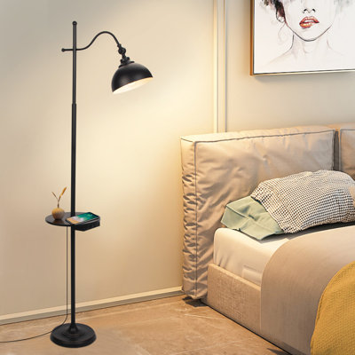 63"H Tray Table Floor Lamp with Shelves,Industrial Floor Lamp with USB Wireless Charging Port ＆ Charging Outlet,Standing Lamps for Bedroom Living Room Office(bulb not included)