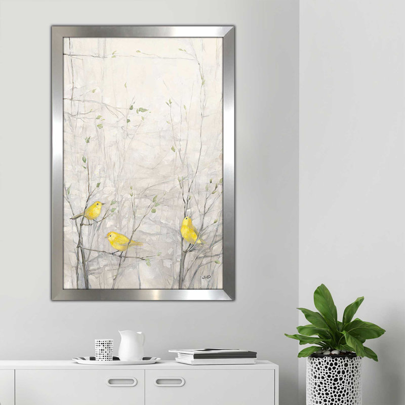 Oiseaux dans les arbres I par Julia Purinton - Peinture, H 27,5 po x l 21,5 po x P 0,75 po, Encadrement argenté